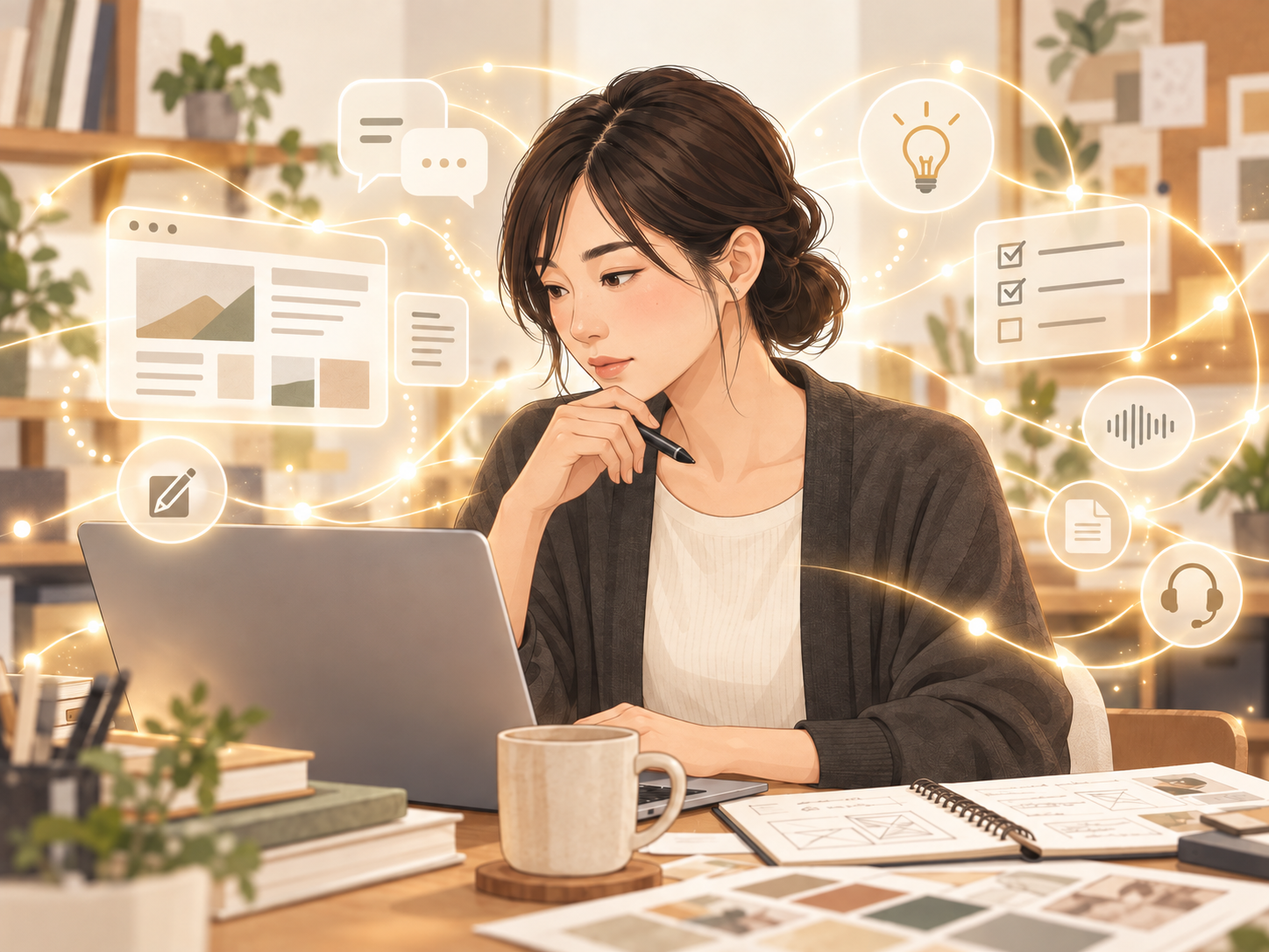 パソコンで企画やWeb制作に取り組むAIスタッフ・ノノのイメージ